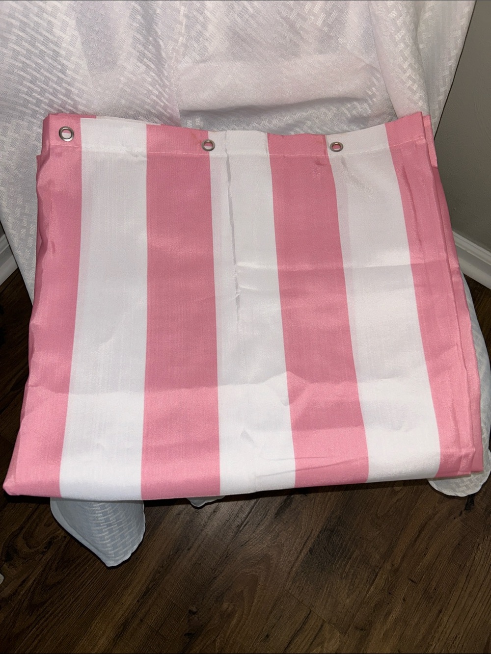 Pink Cabana striped shower curtain. Standard size